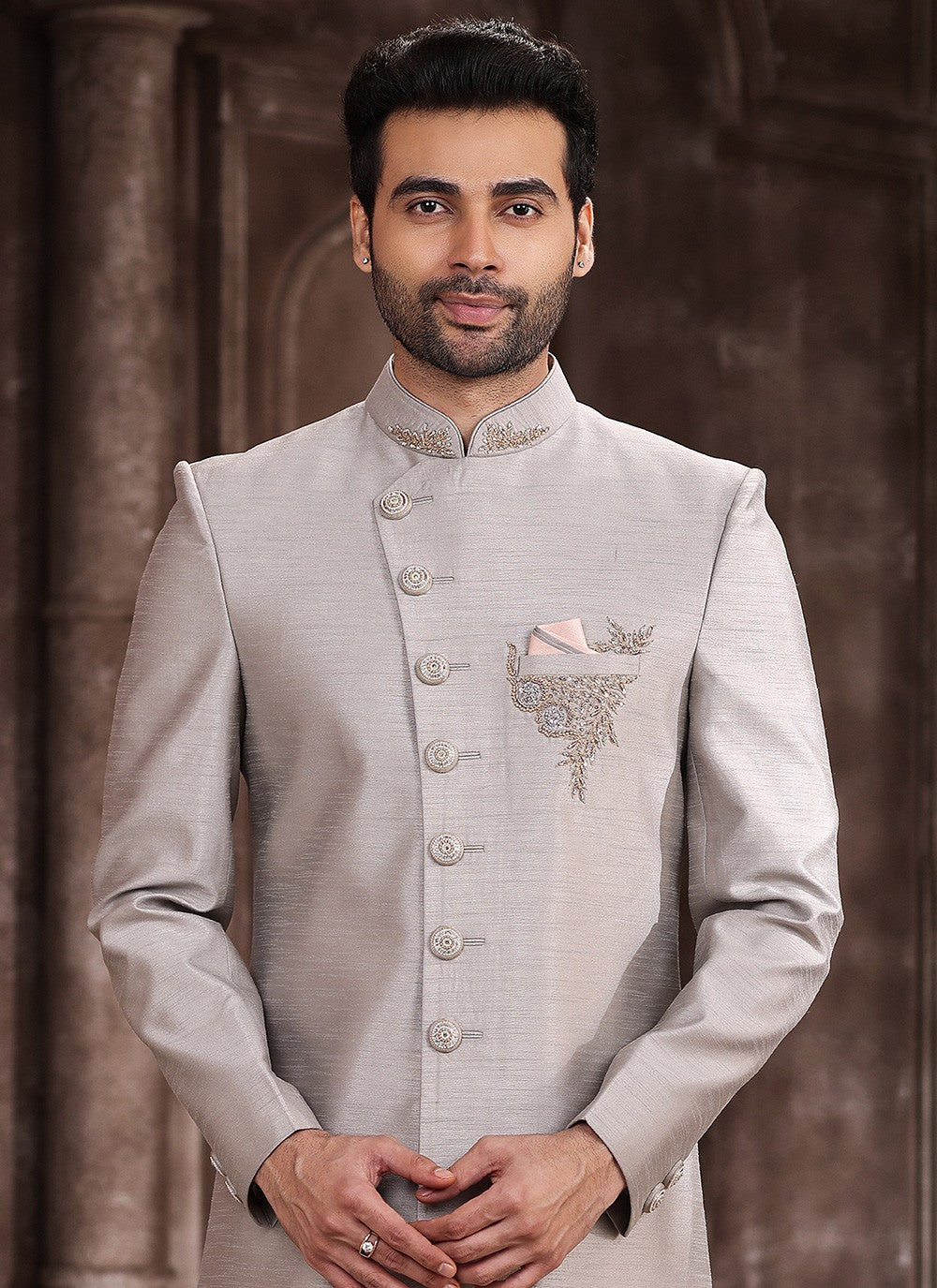 Embroidered Art Silk Grey Indo Western Sherwani - M5378