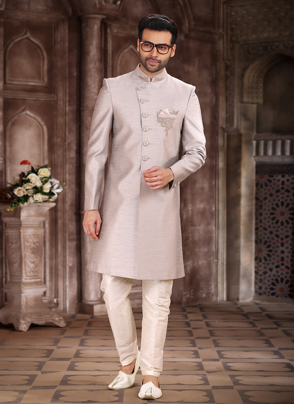 Embroidered Art Silk Grey Indo Western Sherwani - M5378