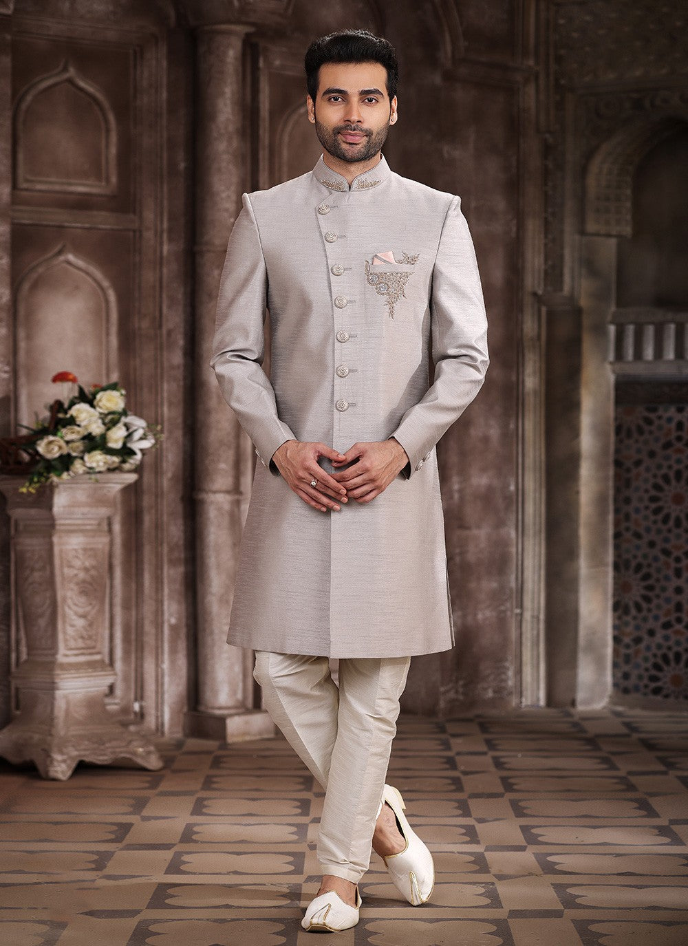 Embroidered Art Silk Grey Indo Western Sherwani - M5378