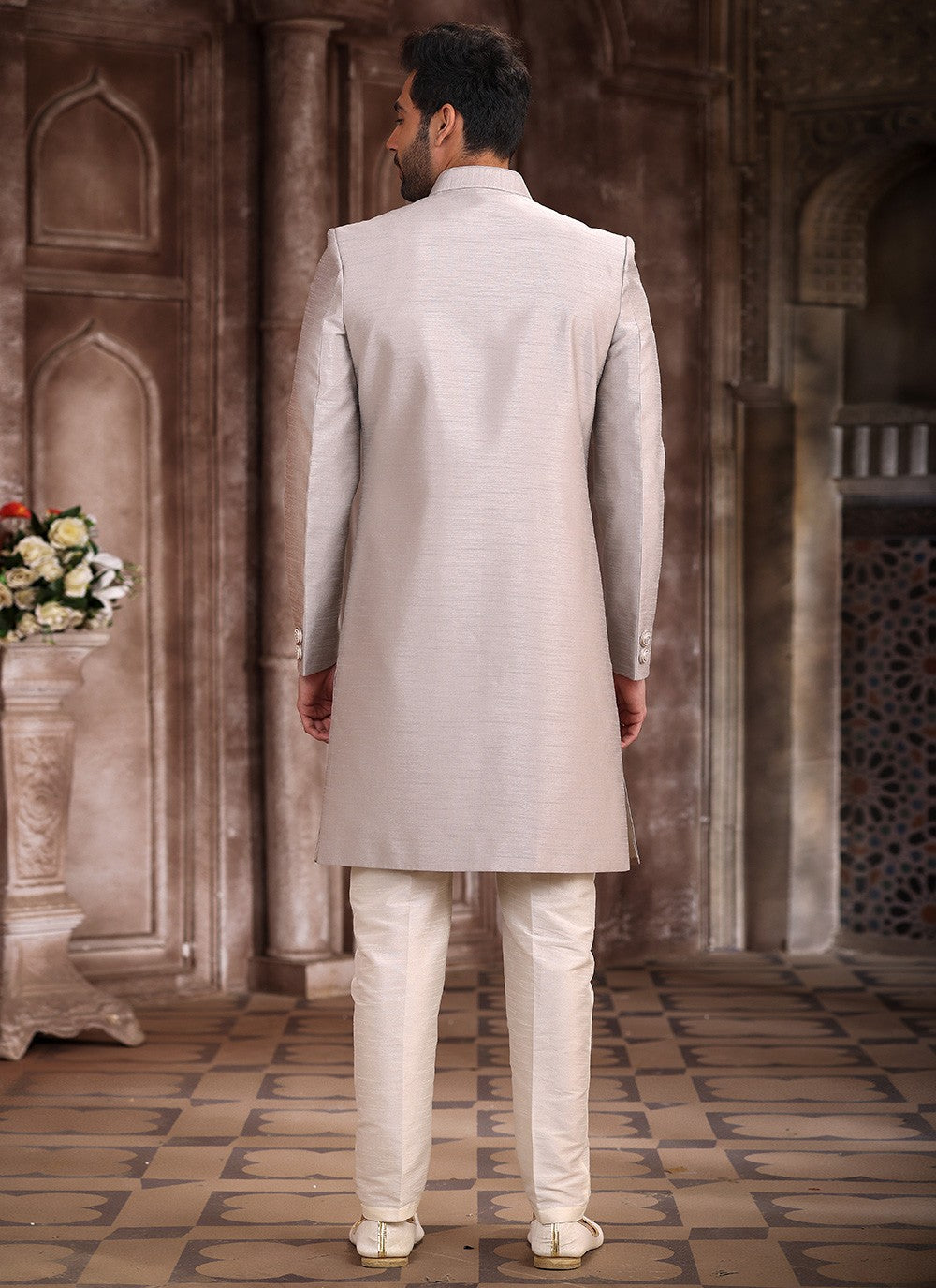 Embroidered Art Silk Grey Indo Western Sherwani - M5378