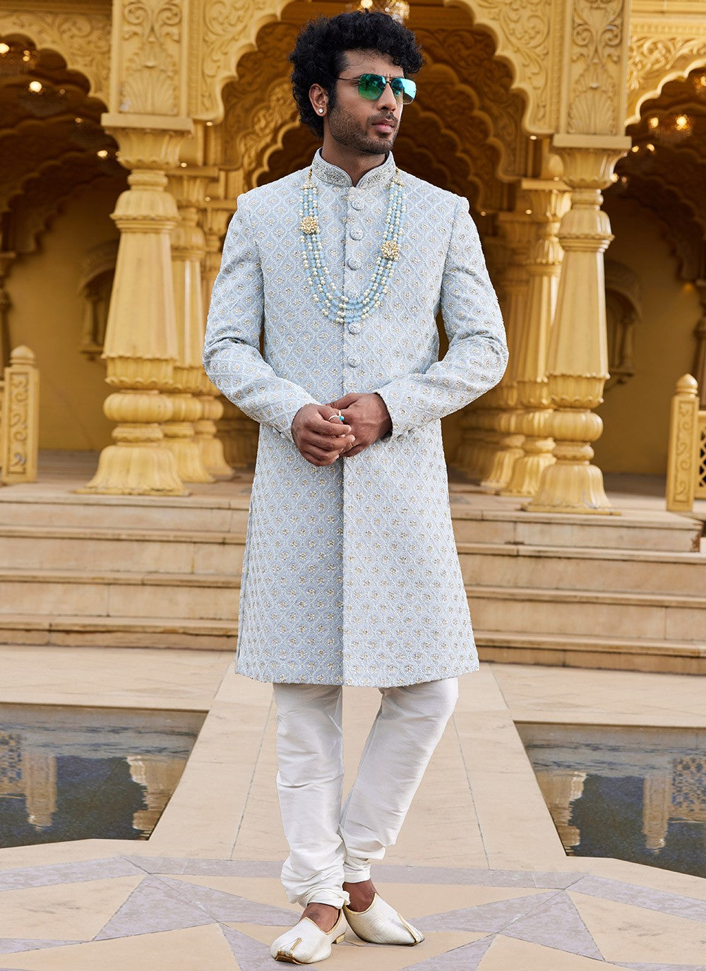 Machine Embroidery Georgette Grey Sherwani - M6097
