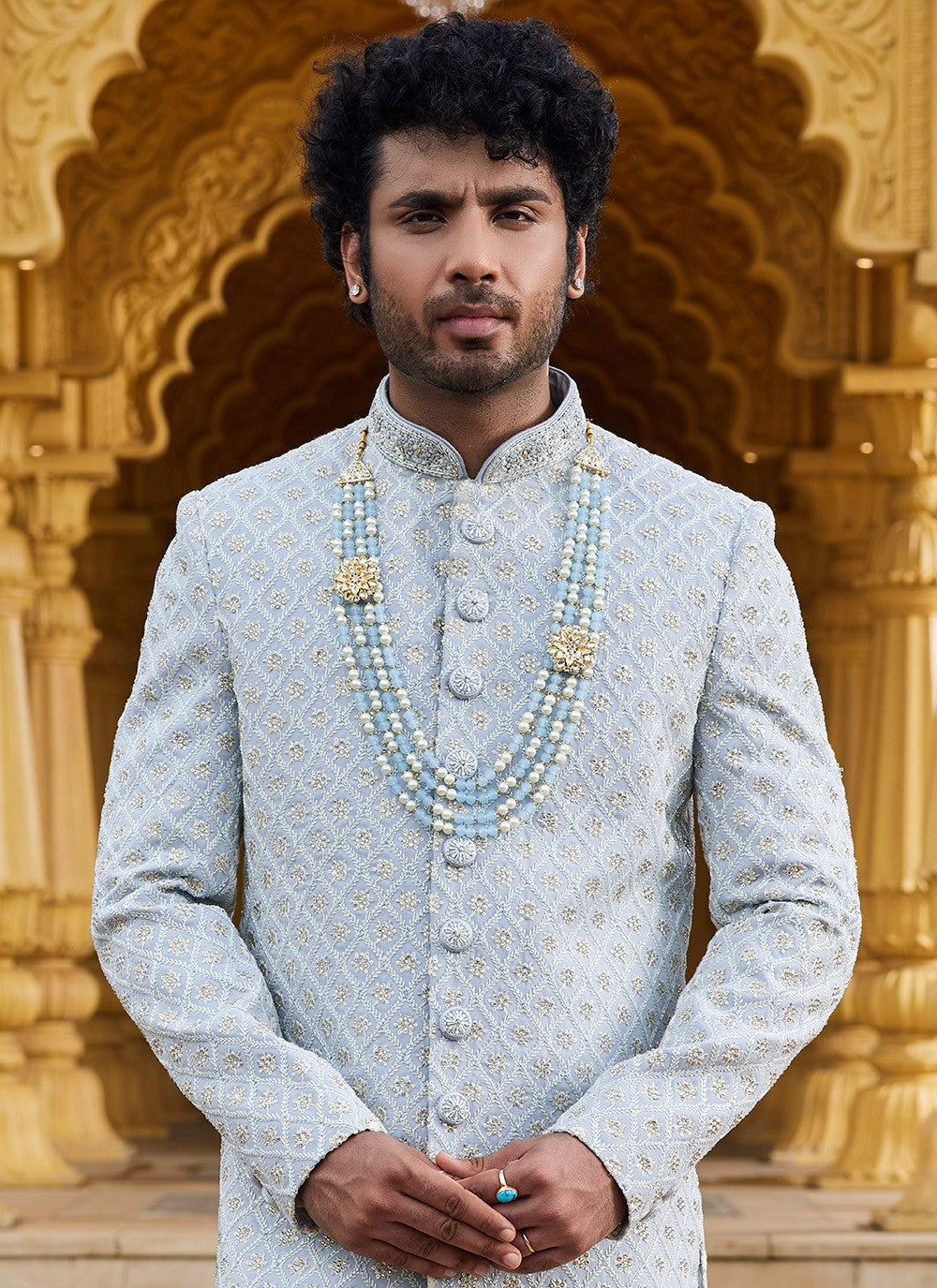 Machine Embroidery Georgette Grey Sherwani - M6097
