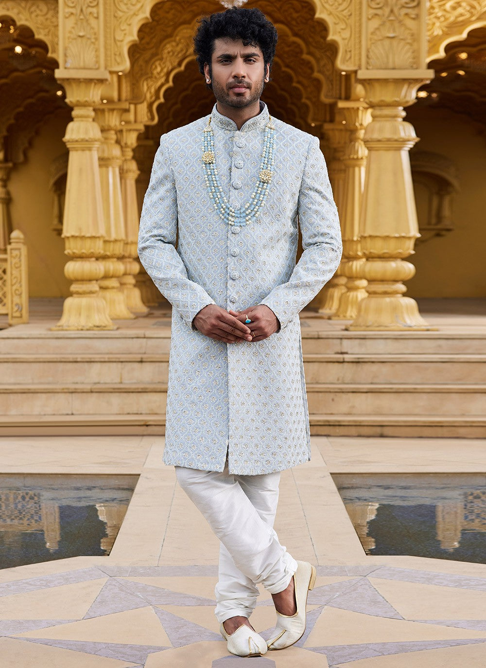 Machine Embroidery Georgette Grey Sherwani - M6097