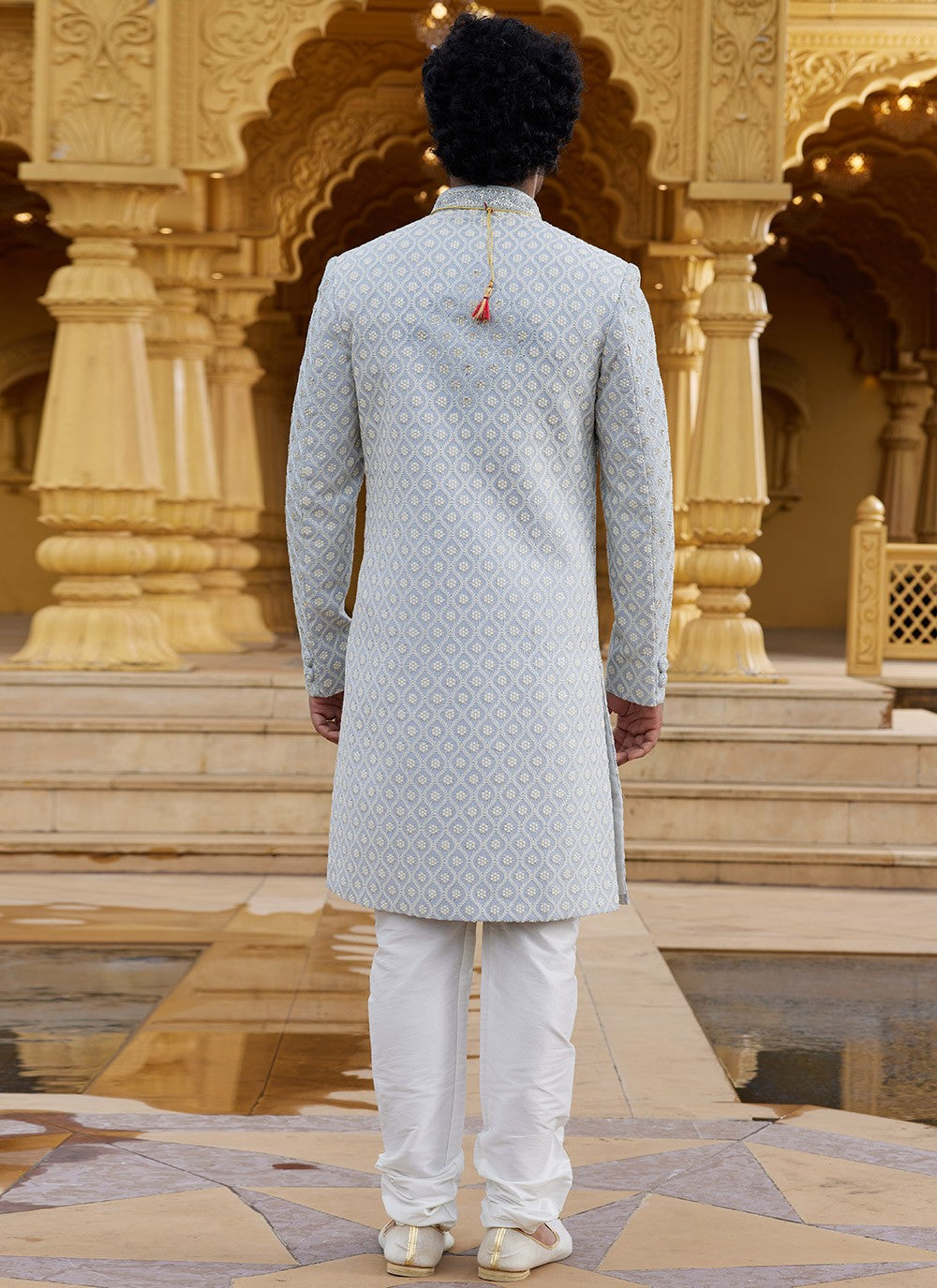 Machine Embroidery Georgette Grey Sherwani - M6097