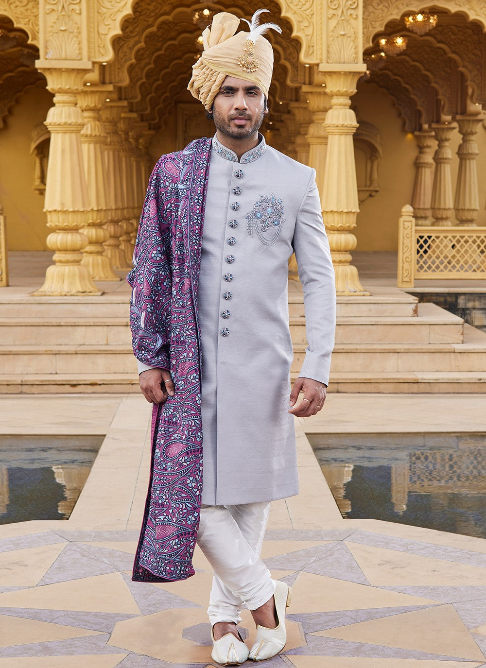 Embroidered Art Silk Grey Sherwani - M6094