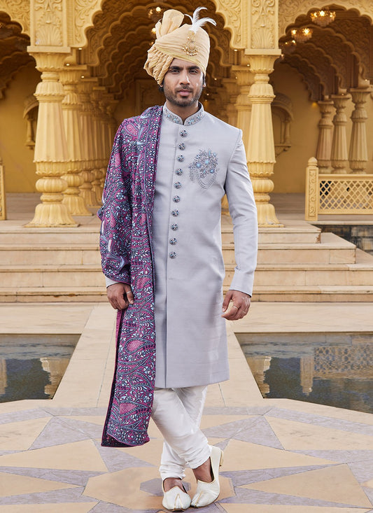 Embroidered Art Silk Grey Sherwani - M6094