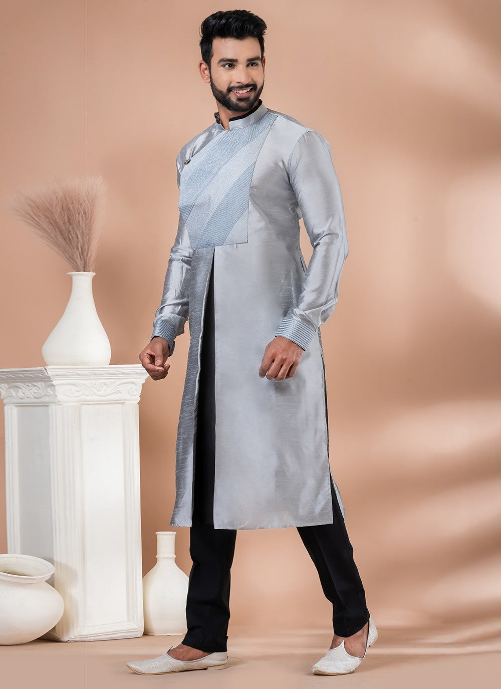 Fancy Work Dupion Silk Grey Indo Western - M6973