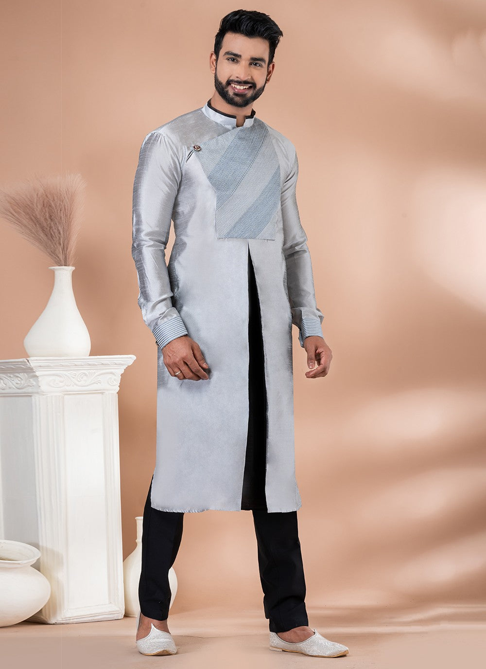 Fancy Work Dupion Silk Grey Indo Western - M6973