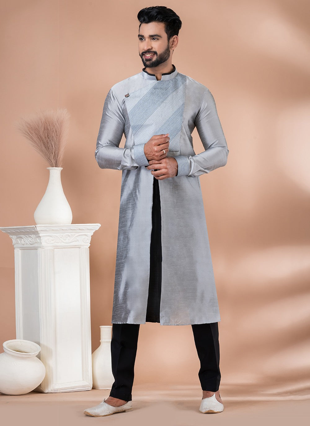 Fancy Work Dupion Silk Grey Indo Western - M6973