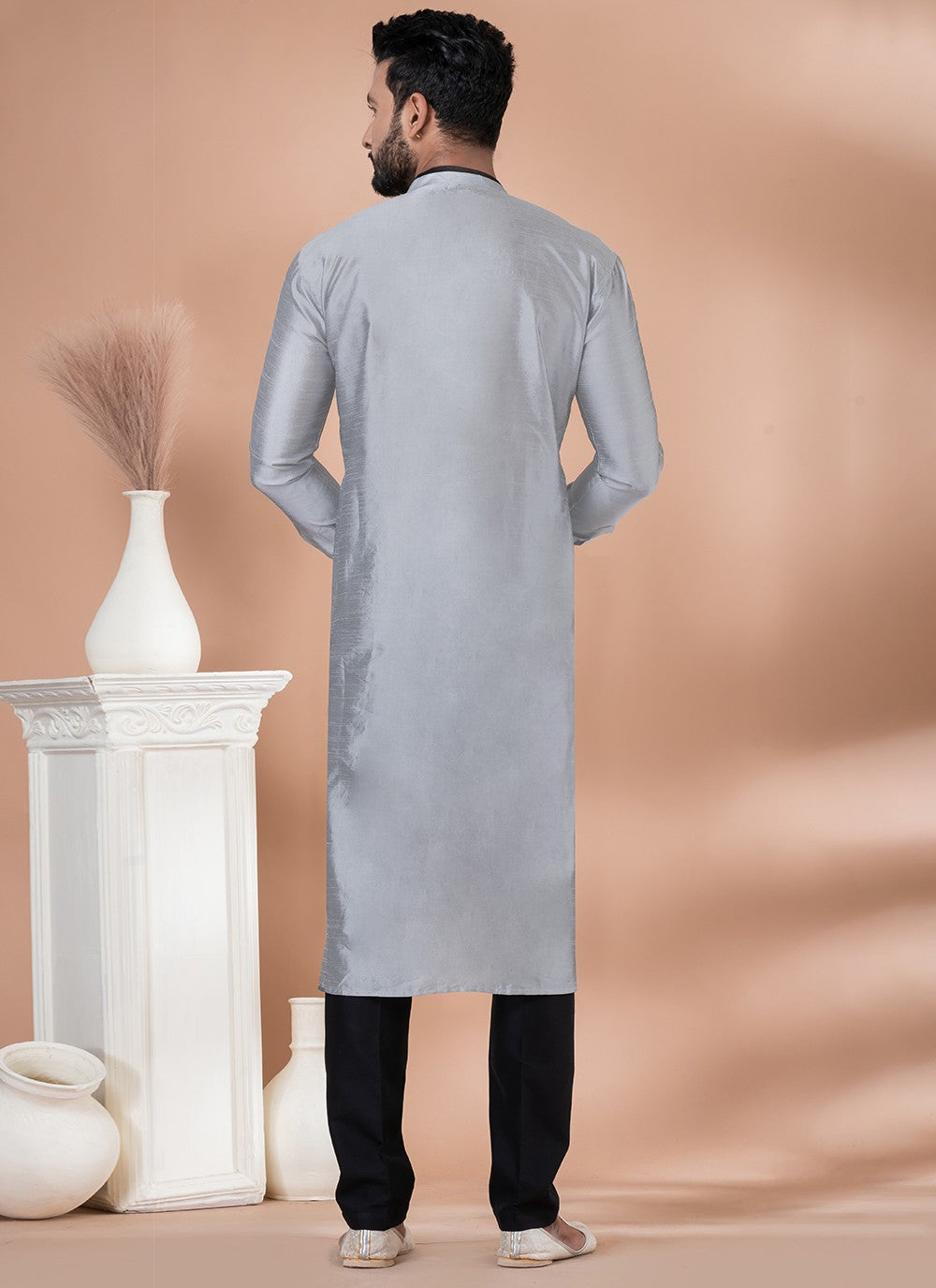 Fancy Work Dupion Silk Grey Indo Western - M6973