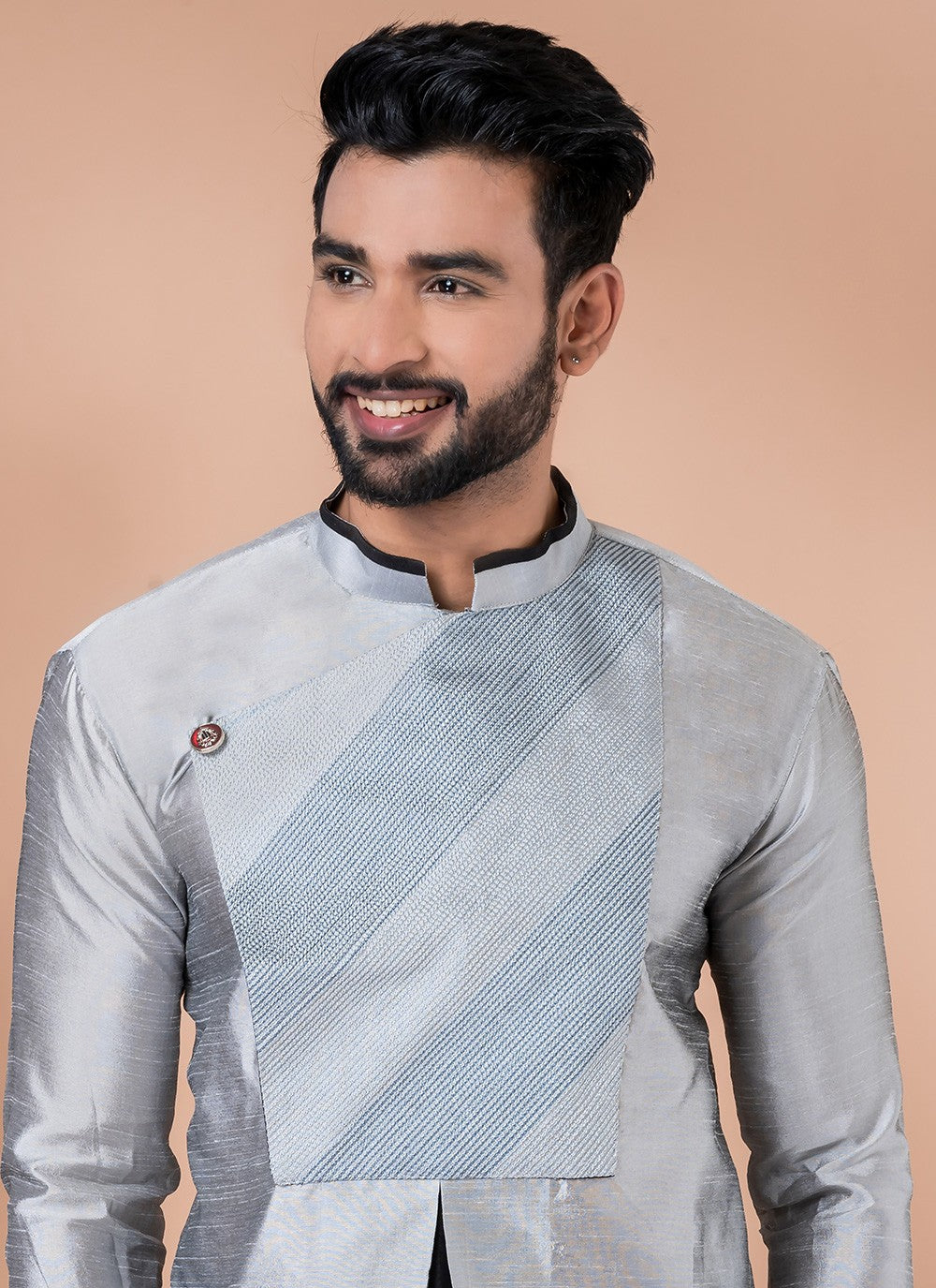 Fancy Work Dupion Silk Grey Indo Western - M6973