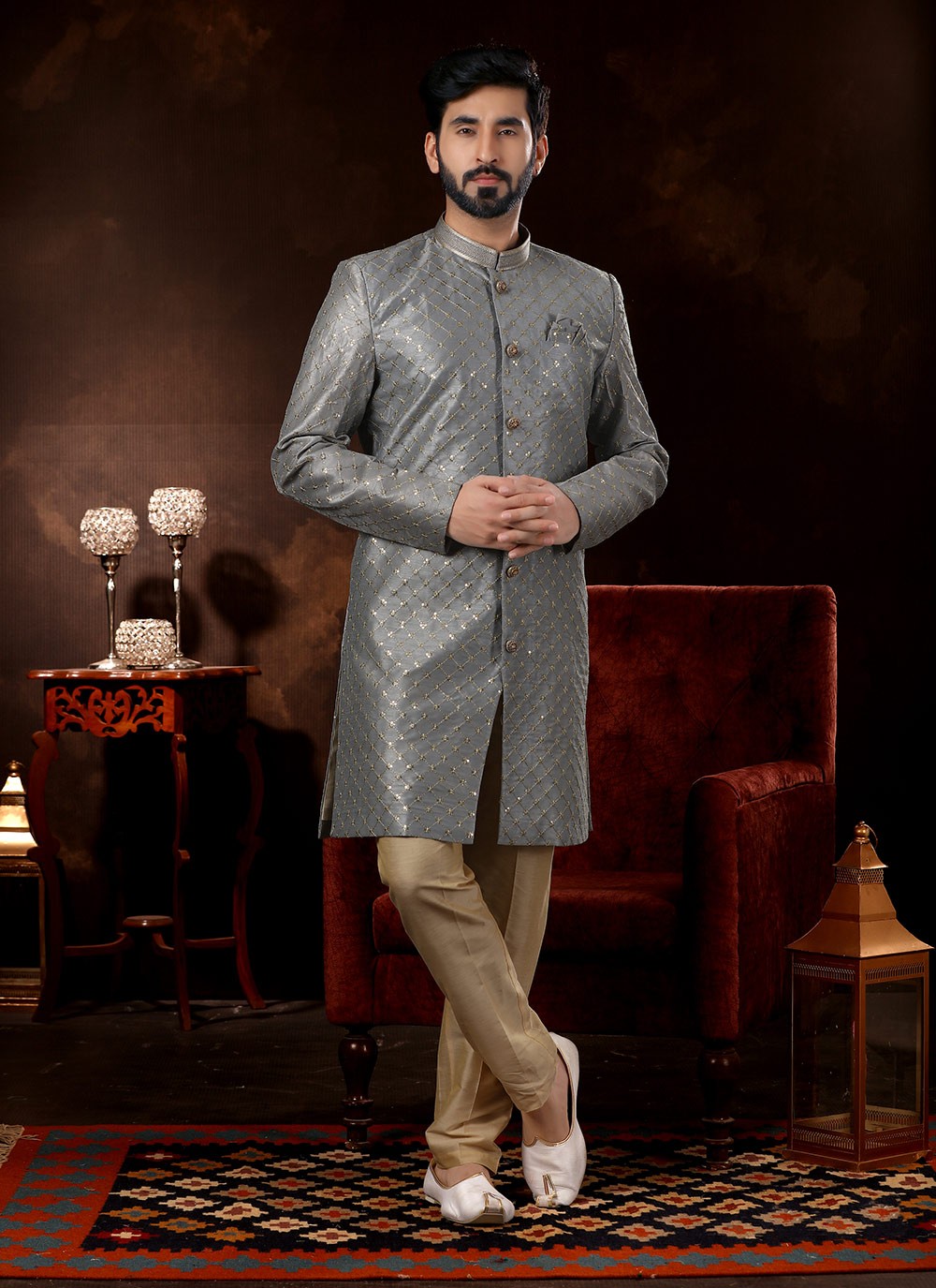 Embroidered Fancy Fabric Grey Sherwani - M3071