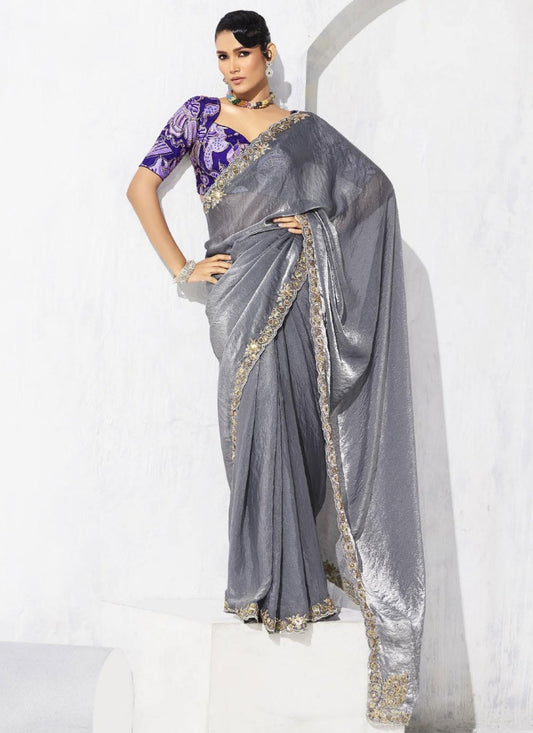 Grey Fancy Fabric Trendy Saree Border Work, Embroidered S19803