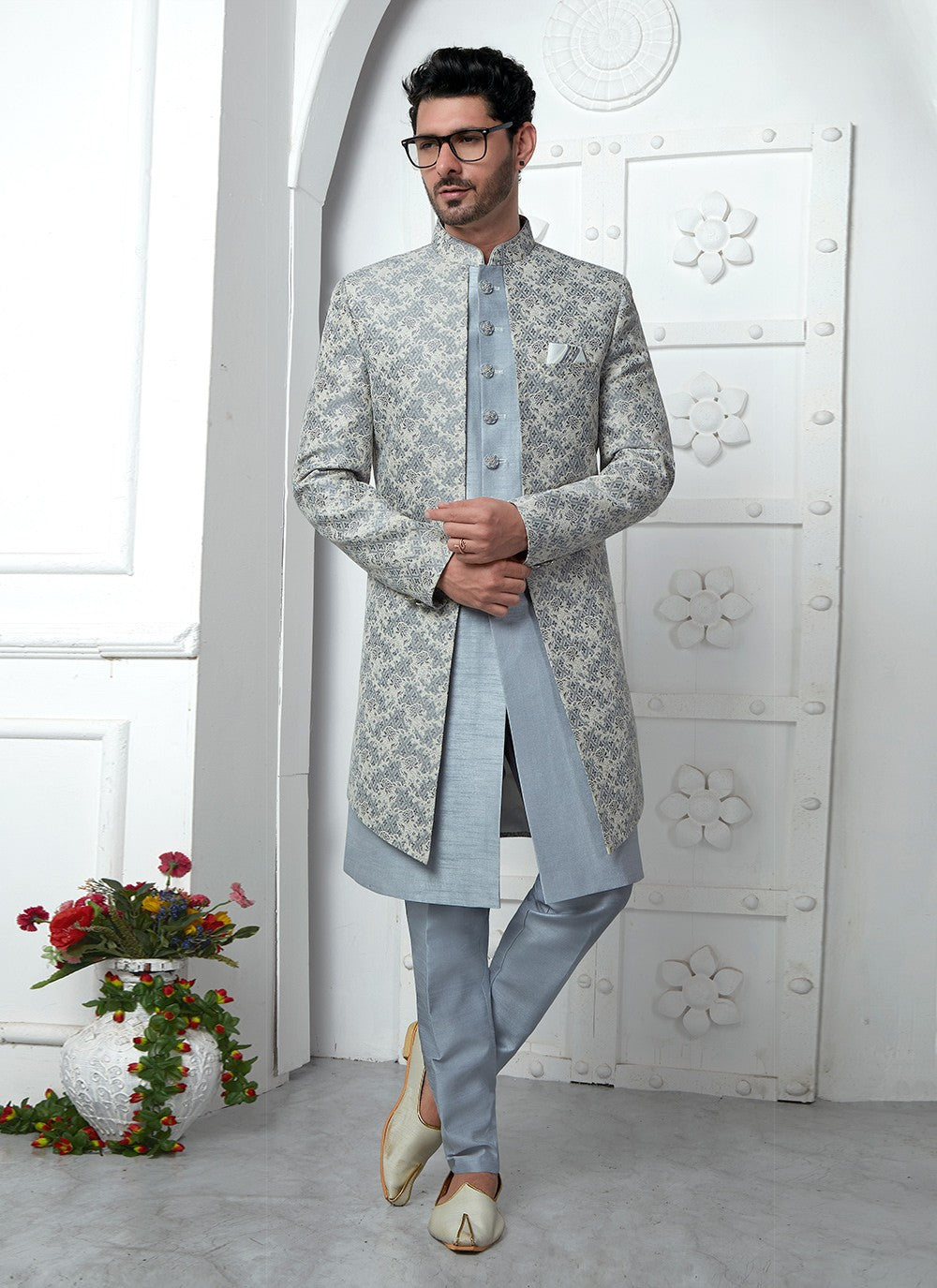 Fancy Work Jacquard Silk Grey Indo Western - M6614