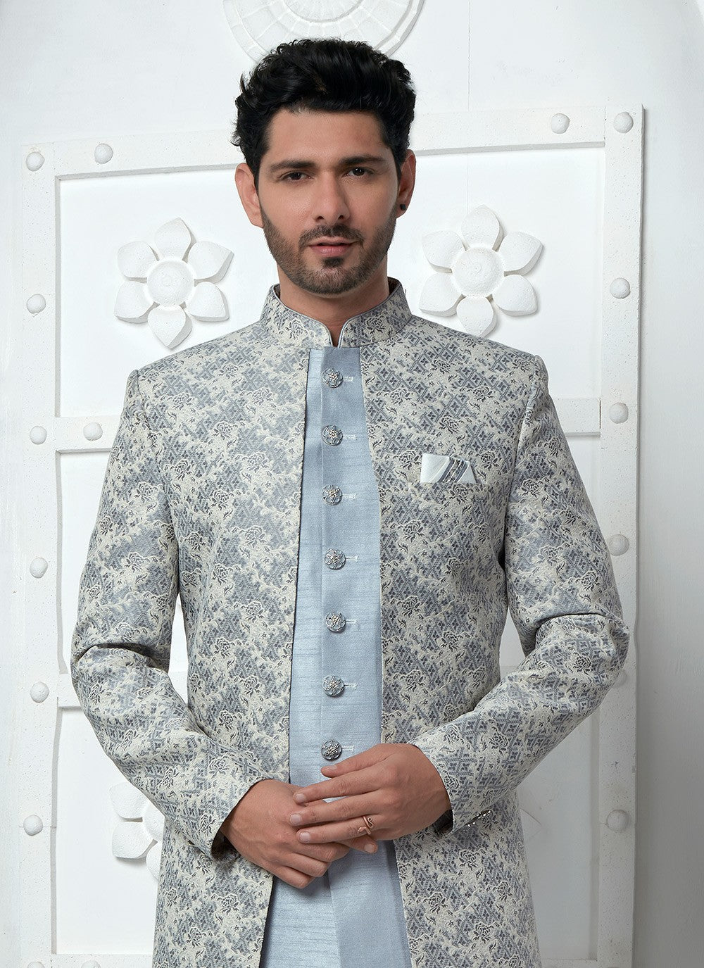 Fancy Work Jacquard Silk Grey Indo Western - M6614