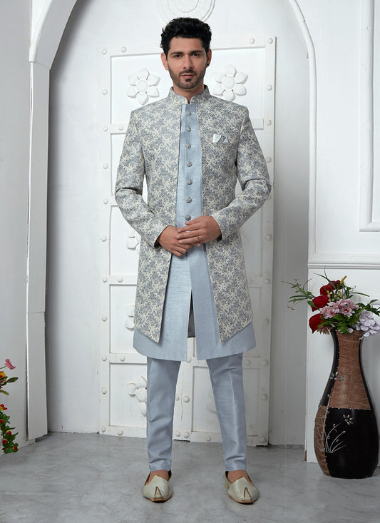 Fancy Work Jacquard Silk Grey Indo Western - M6614