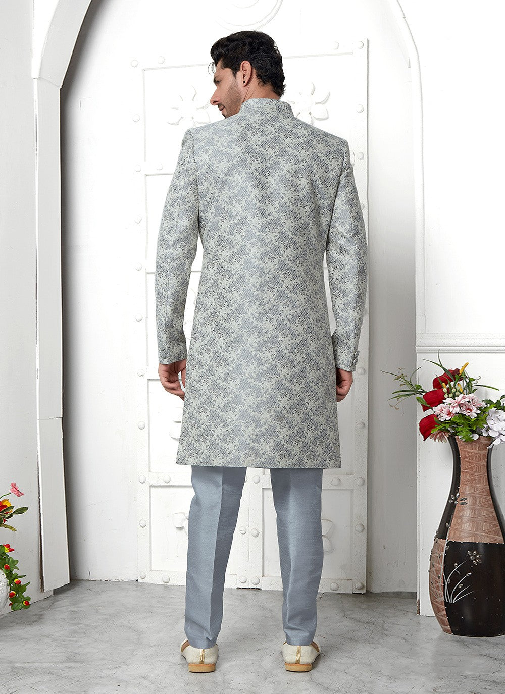 Fancy Work Jacquard Silk Grey Indo Western - M6614