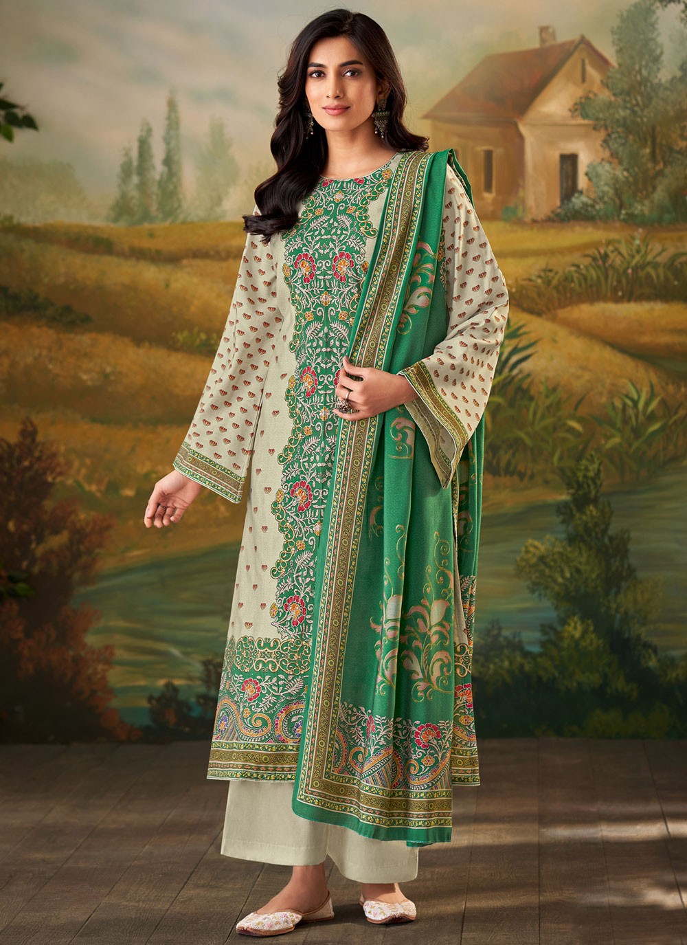Digital Print Muslin Grey Pant Style Suit T6316