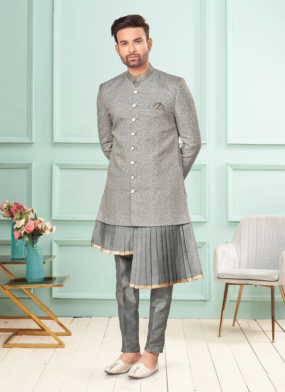 Fancy Work Brocade, Jacquard Grey Indo Western - M7262