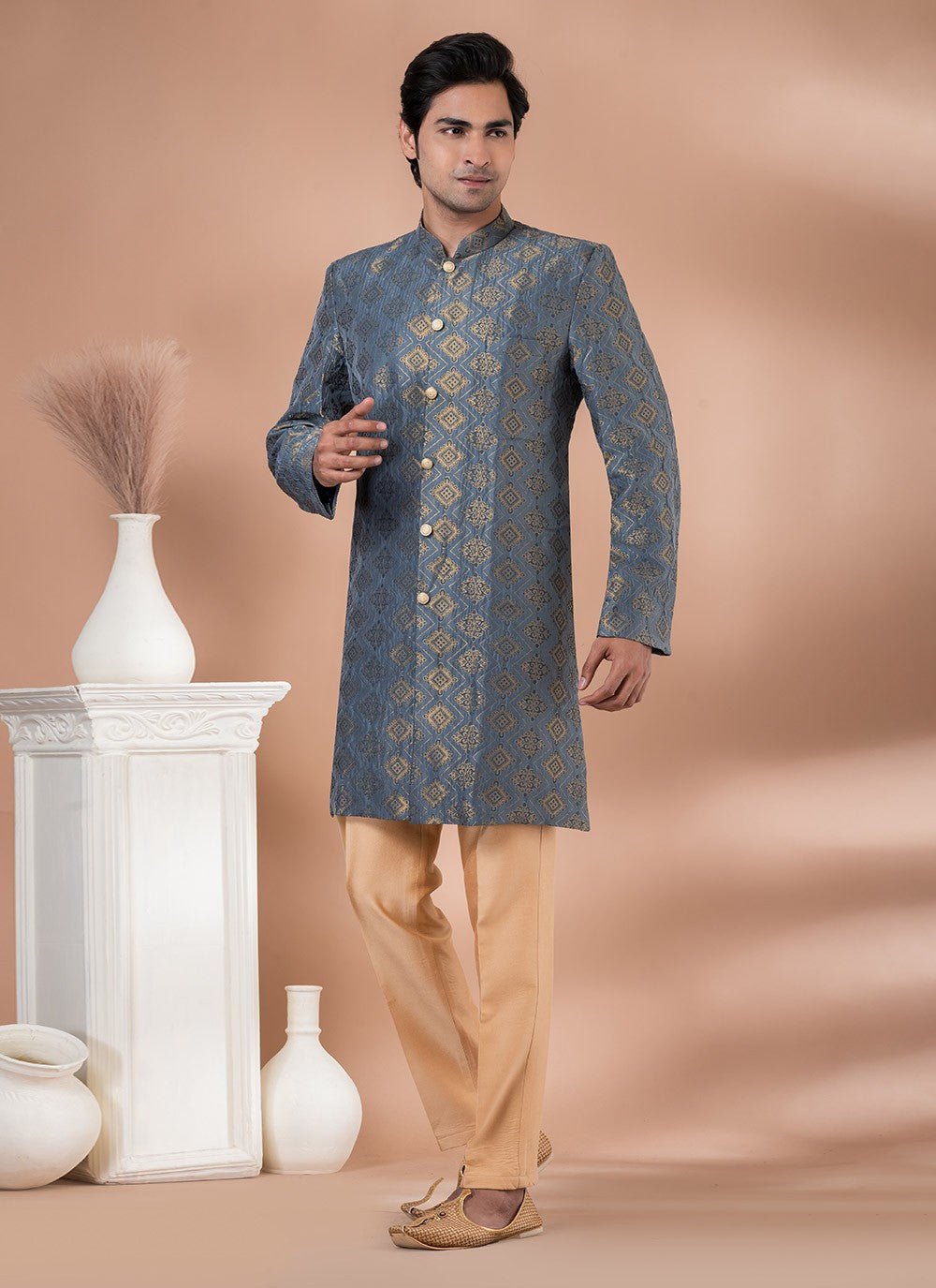 Embroidered Jacquard Silk Grey Indo Western - M7056