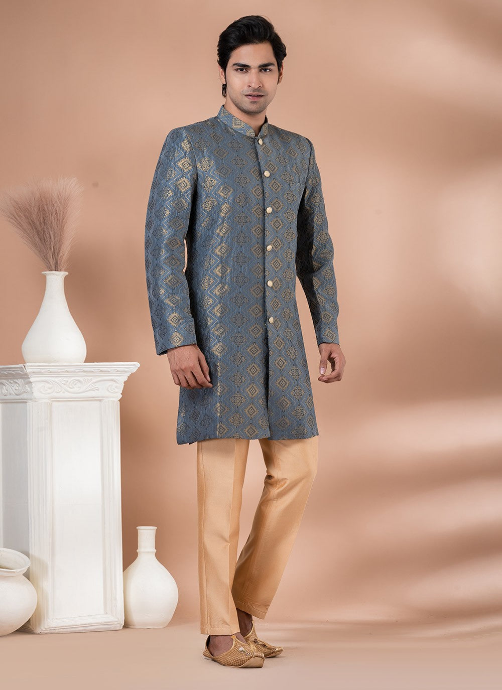 Embroidered Jacquard Silk Grey Indo Western - M7056