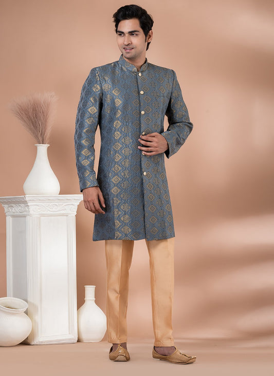 Embroidered Jacquard Silk Grey Indo Western - M7056