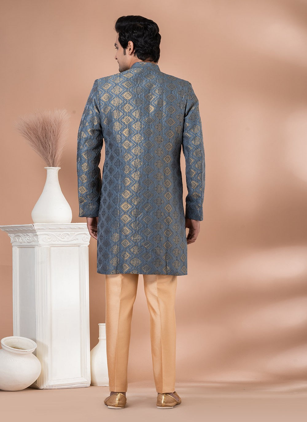 Embroidered Jacquard Silk Grey Indo Western - M7056