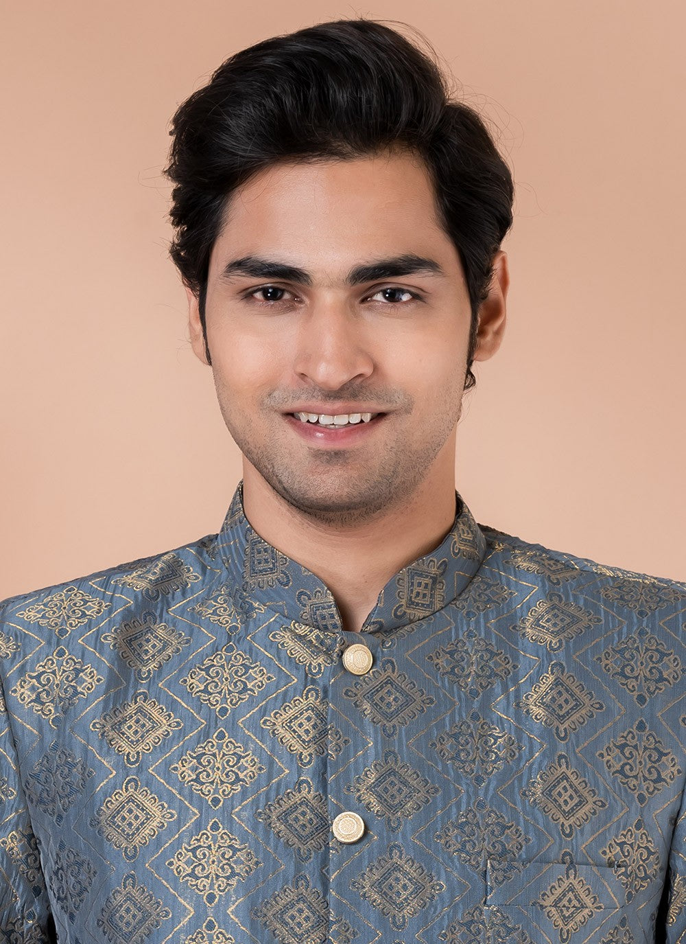 Embroidered Jacquard Silk Grey Indo Western - M7056