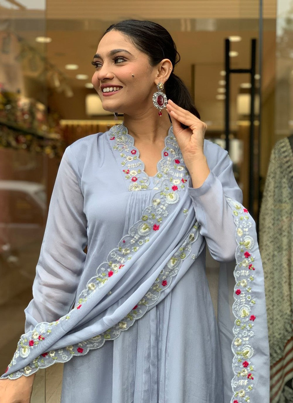 Embroidered Chinon Grey Salwar Suit T6405
