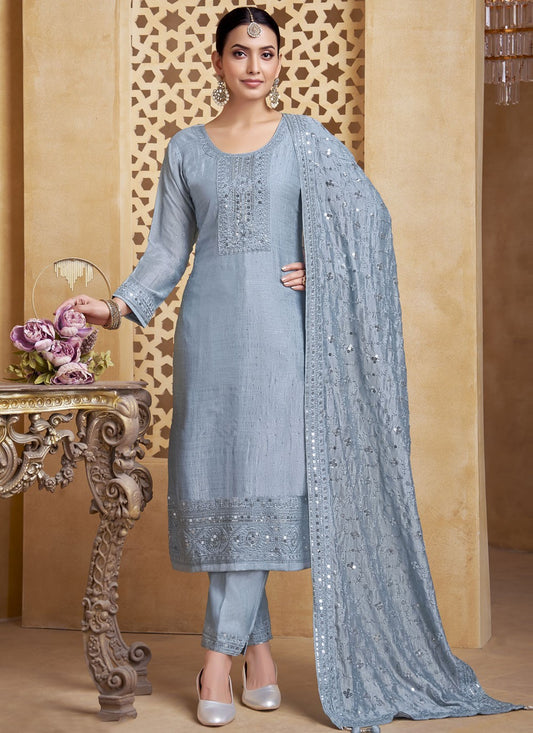 Pant Style Suit Embroidered, Sequins Grey T8257