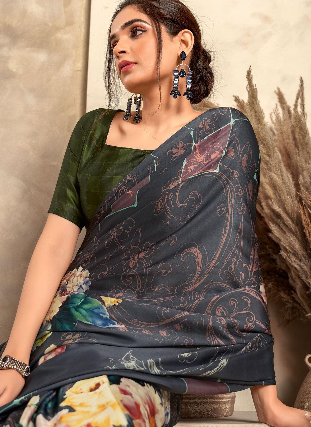 Classic Printed Satin Silk Saree - S4275