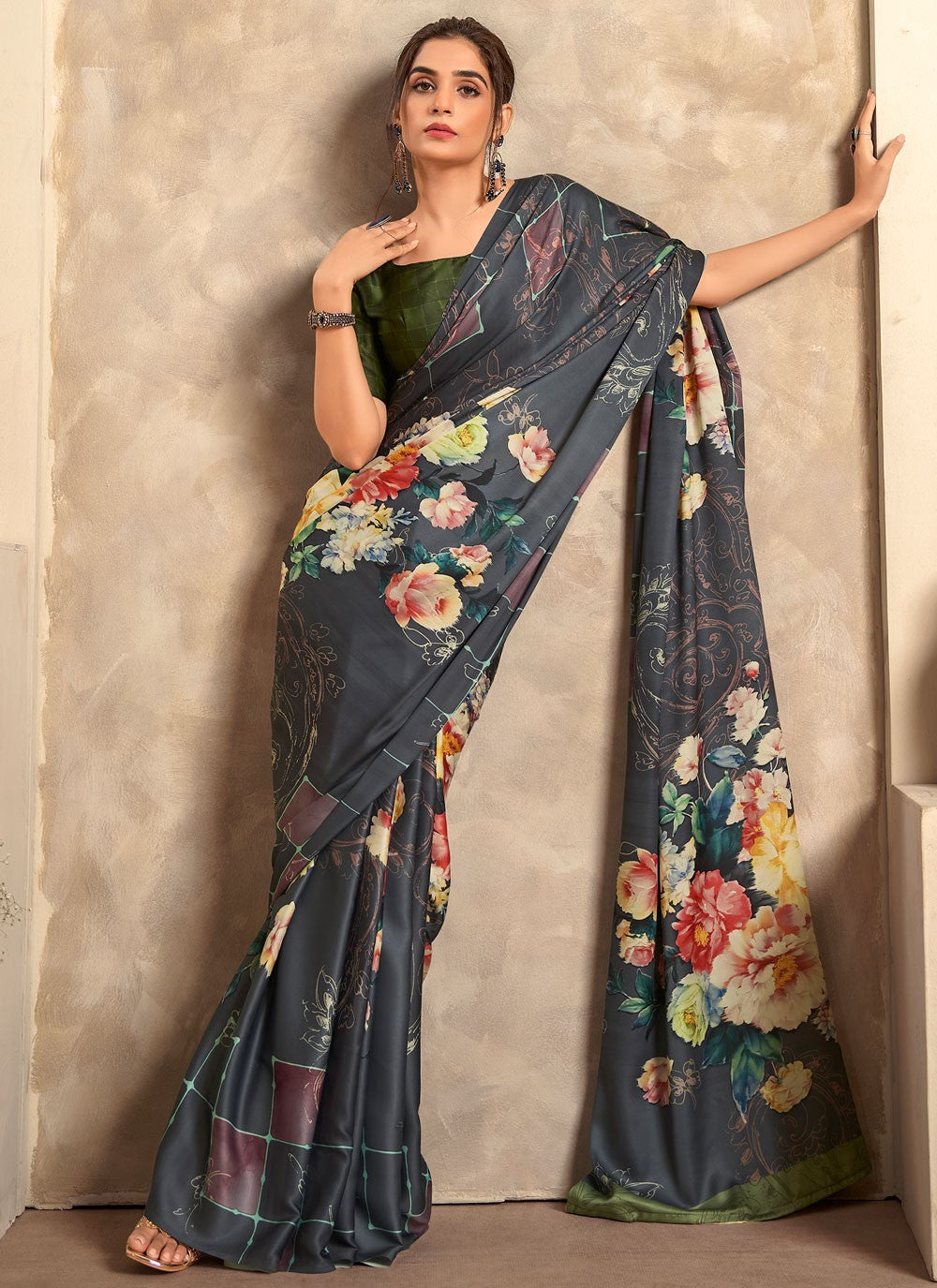 Classic Printed Satin Silk Saree - S4275