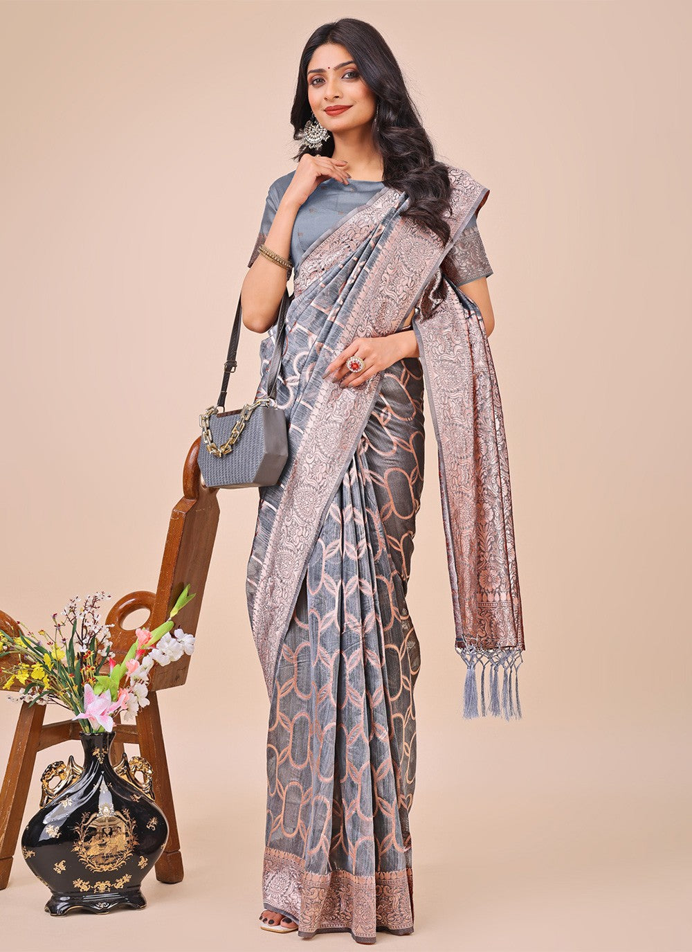 Woven Cotton Grey Trendy Saree S15143