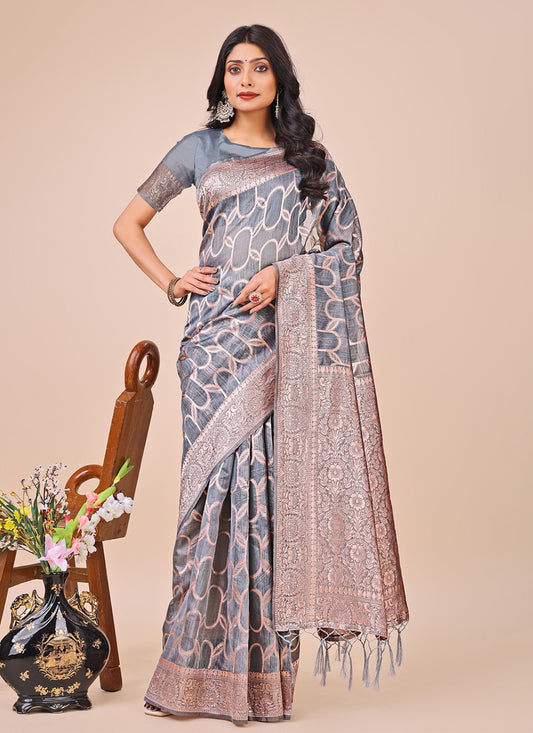 Woven Cotton Grey Trendy Saree S15143