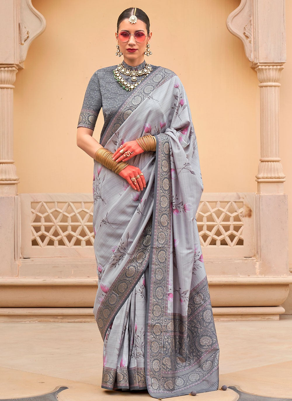 Contemporary Floral Printed Silk Saree - S6277