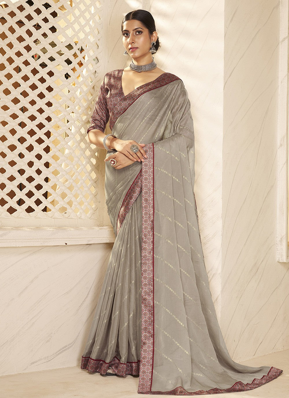 Foliage Prints Chiffon Grey Classic Saree S15268