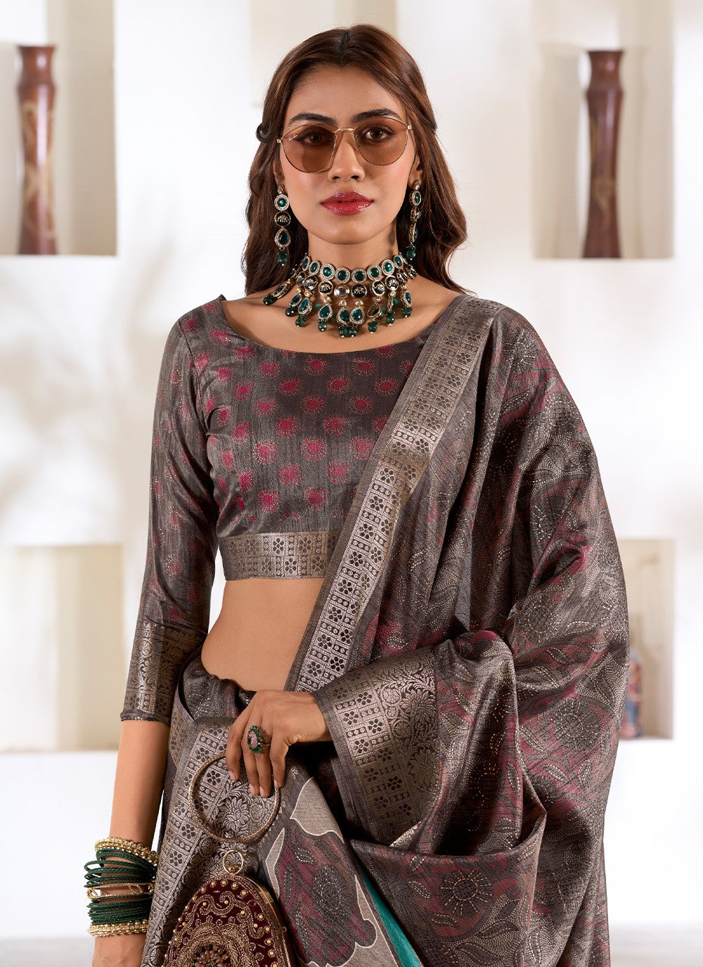 Classic Foliage Prints Silk Saree - S7160