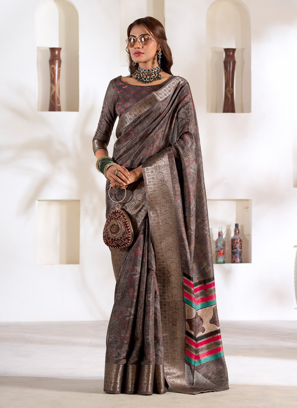 Classic Foliage Prints Silk Saree - S7160