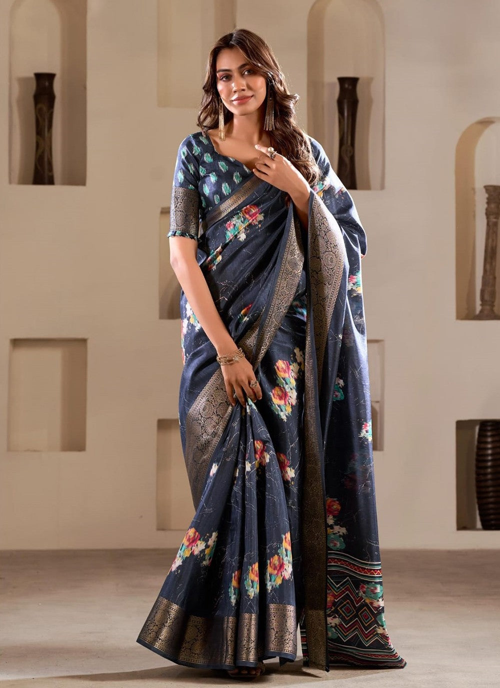 Classic Foliage Prints Silk Saree - S8478