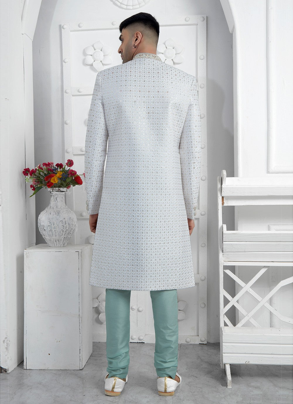 Embroidered Georgette Grey Sherwani - M7454