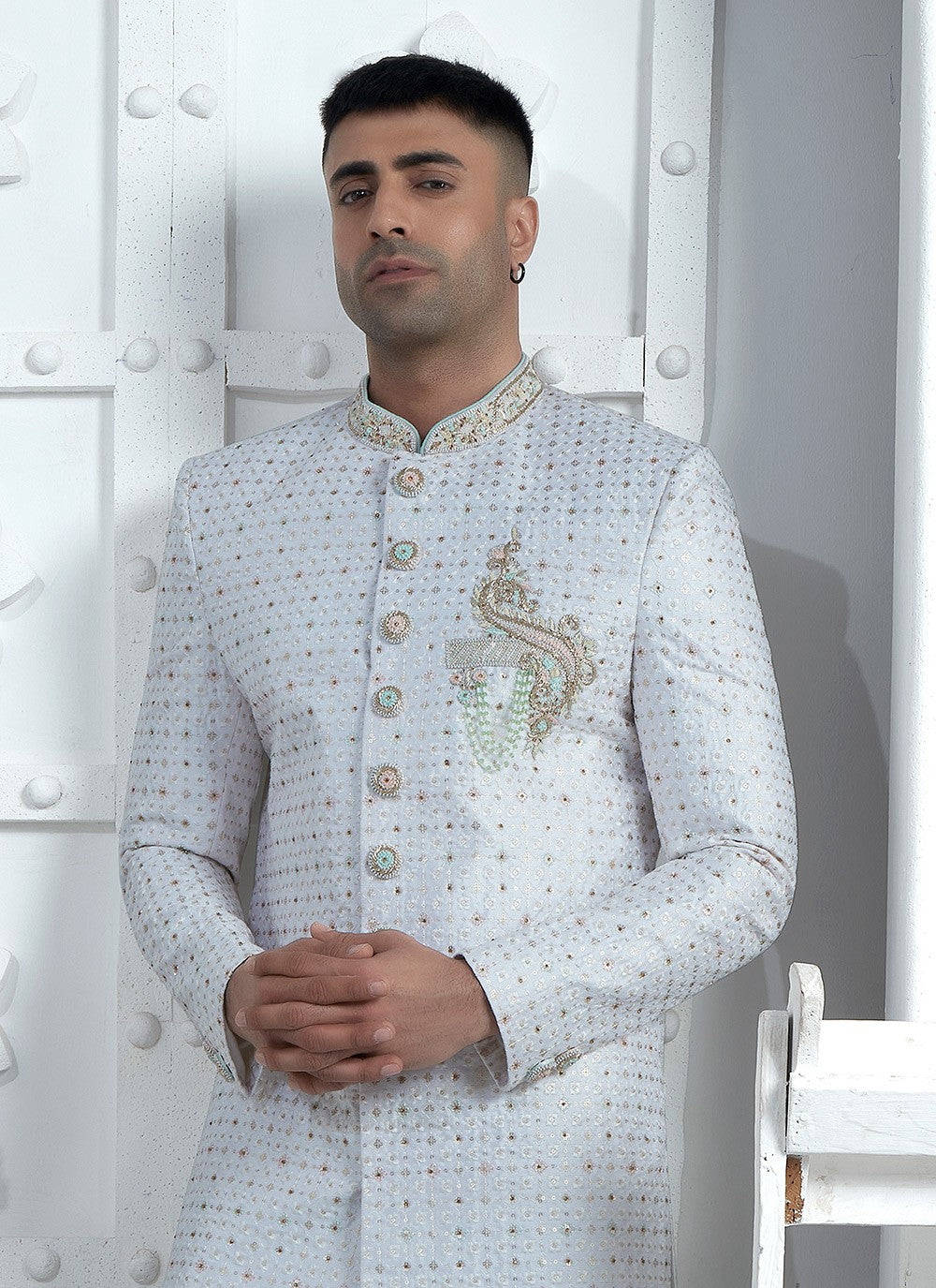 Embroidered Georgette Grey Sherwani - M7454