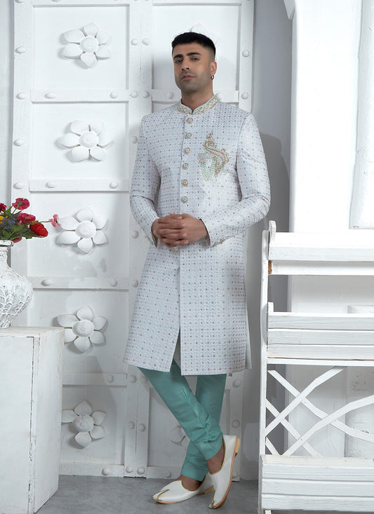 Embroidered Georgette Grey Sherwani - M7454