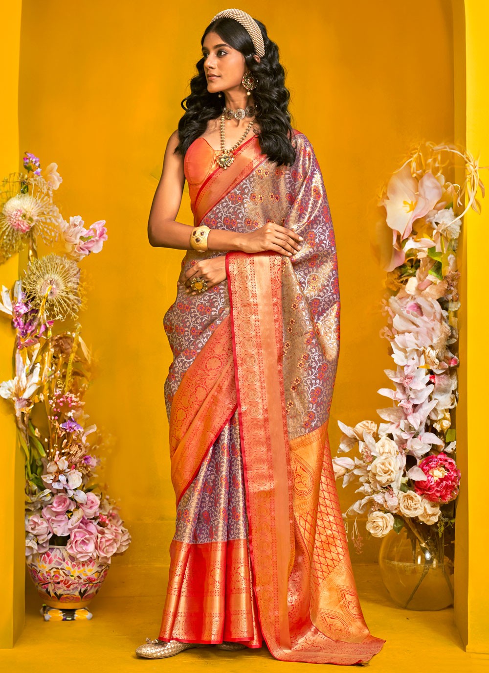 Weaving Zari Handloom Silk Grey Saree S14443