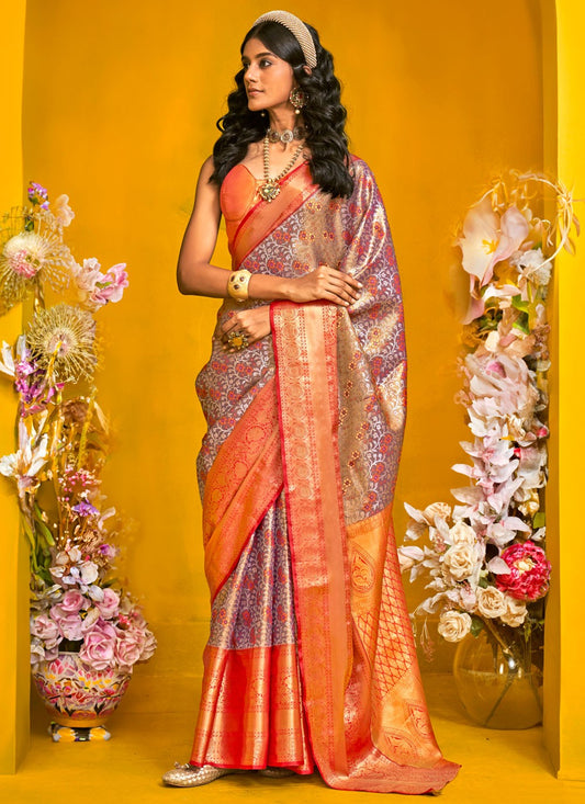 Weaving Zari Handloom Silk Grey Saree S14443