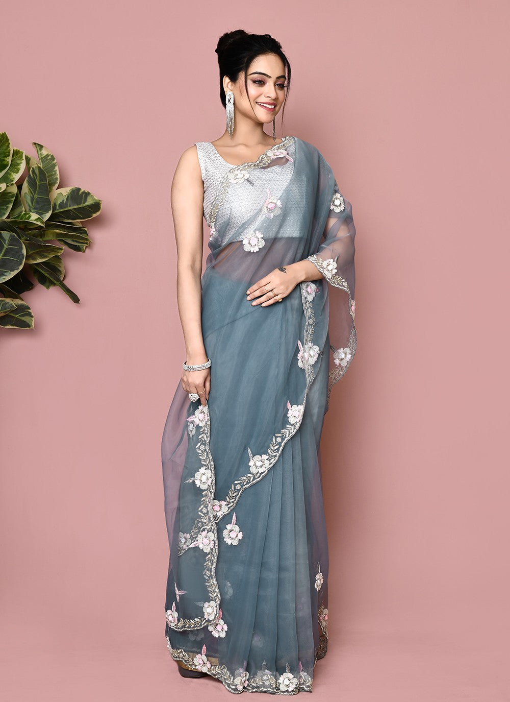 Classic Hand Embroidery Georgette Saree - S9372