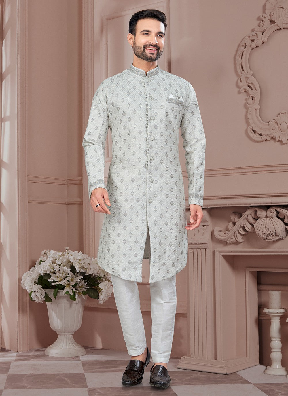 Sequins Jacquard Grey Indo Western Sherwani - M8605