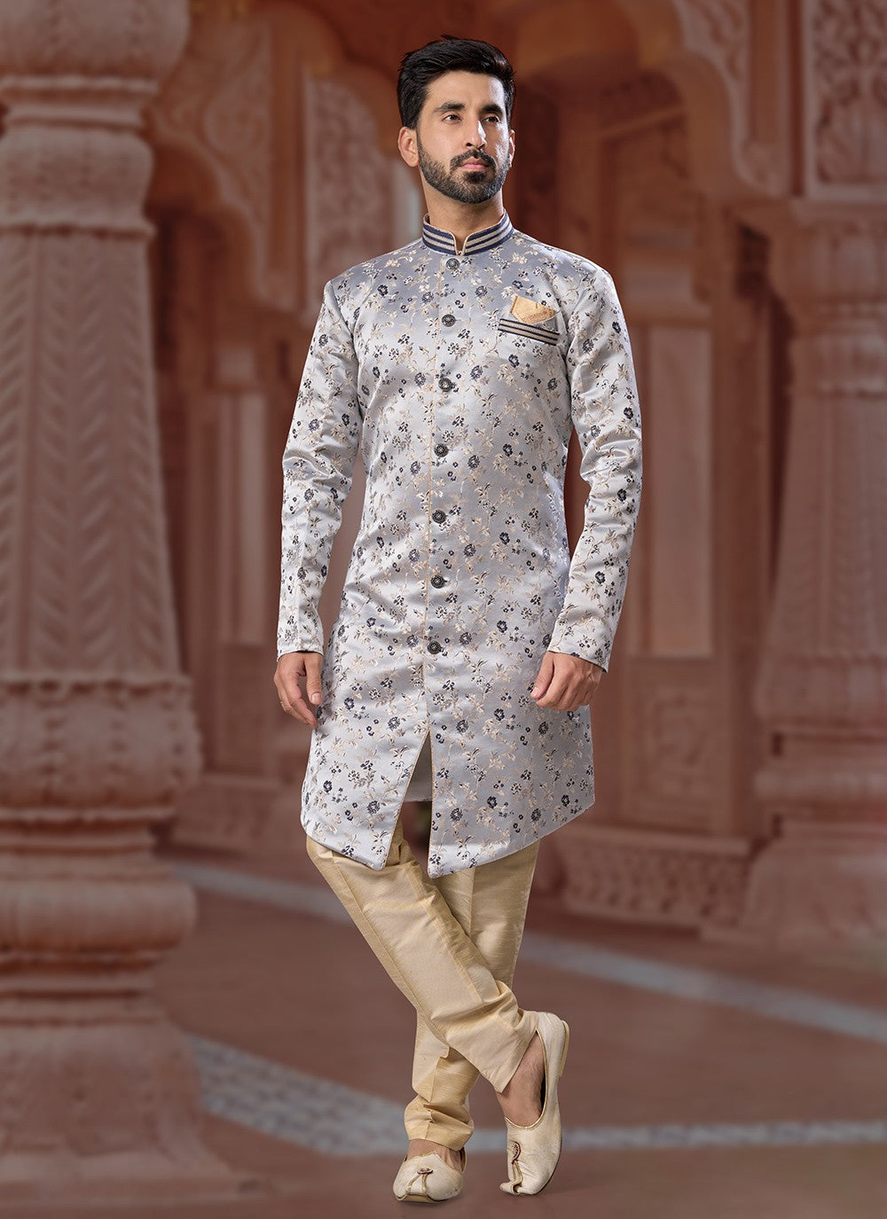 Fancy Work Jacquard Grey Indo Western Sherwani - M6894