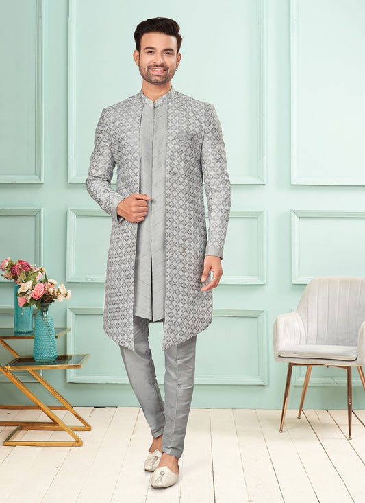 Fancy Work Brocade, Jacquard Grey Indo Western - M7261