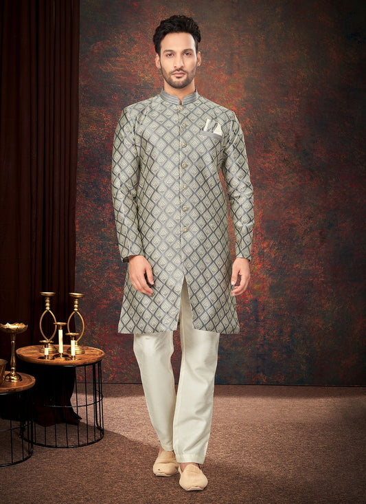 Fancy Work Jacquard Grey Indo Western - M7212
