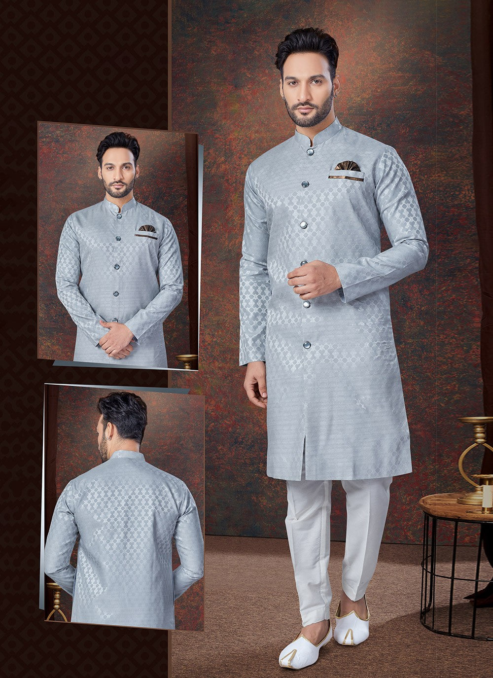 Plain Jacquard Grey Indo Western - M7681